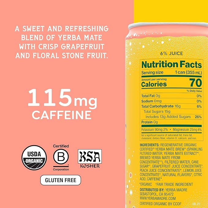 Yerba Madre Organic Sparkling Yerba Mate Pink Grapefruit 115mg Natural Plant Based Caffeine Smooth Energy &amp Focus Carbonated 12oz Cans (Pack of 12) (Packaging May Vary)