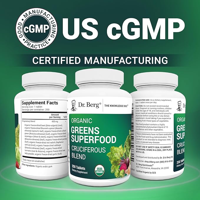 Dr. Berg's Greens Superfood Cruciferous Vegetable Tablets - Vegetable Supplements for Adults w/ 11 Phytonutrient Super Greens Tablets - Energy Immune System &amp Liver Veggie Tablets - 250 Tablets