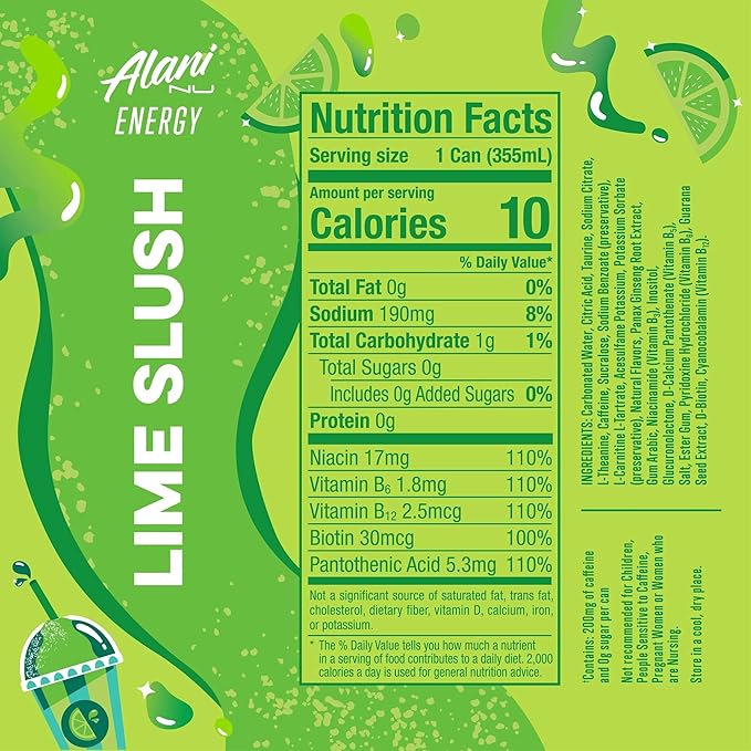 Alani Lime Slush Sugar Free Low Calorie Energy Drinks 12 Fl Oz Cans 3 Cans!