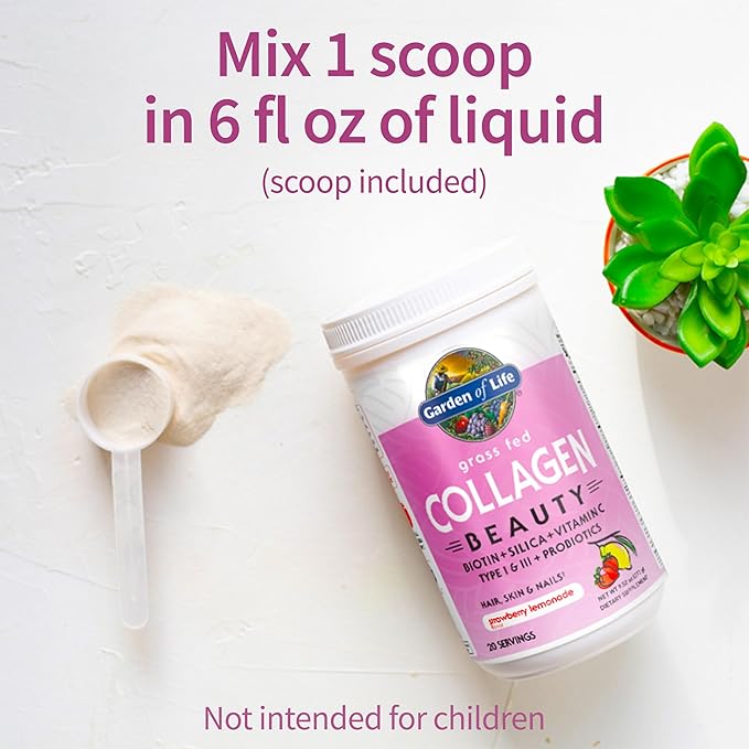 Garden of Life Grass Fed Collagen Beauty - Strawberry Lemonade 20 Servings Powder for Women Men Hair Skin Nails Hydrolyzed Collagen Peptides Protein Powder Supplement