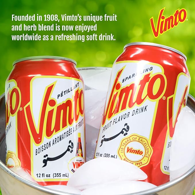 Vimto Sparkling Fruit Flavored Drink – Soda with Natural Black Cherry Raspberry Black Currant – Middle Eastern Formula – Perfect for Ramadan Celebrations – Refreshing Beverage 12 fl oz (Pack of 24
