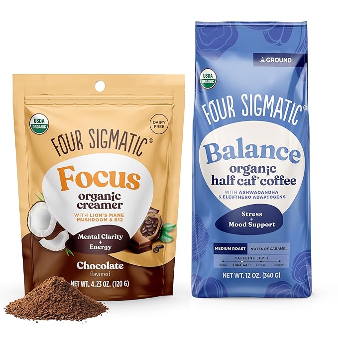 Four Sigmatic Balance Ground Coffee + Cacao Creamer Bundle | Organic Coffee with Ashwagandha Chaga Mushroom Eleuthero and Tulsi and Organic Non Dairy Coffee Creamer with Lion’s Mane and L-theanine