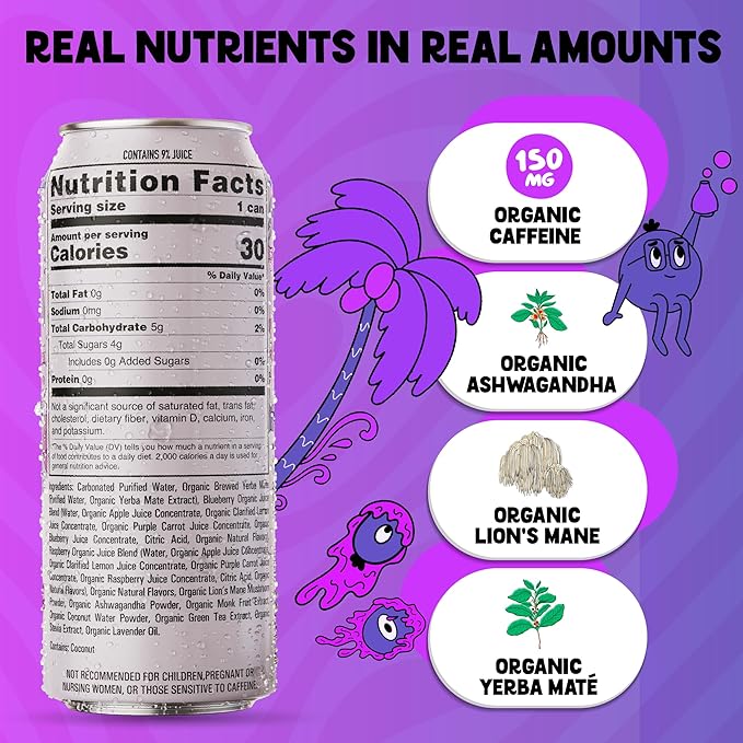 Yerba Mate Energy Drink - Low Sugar Sparkling Tea Cans with Ashwagandha Lion’s Mane USDA Organic Clean Energy Drink with 150mg Natural Caffeine Ola Mate Berry Coconut