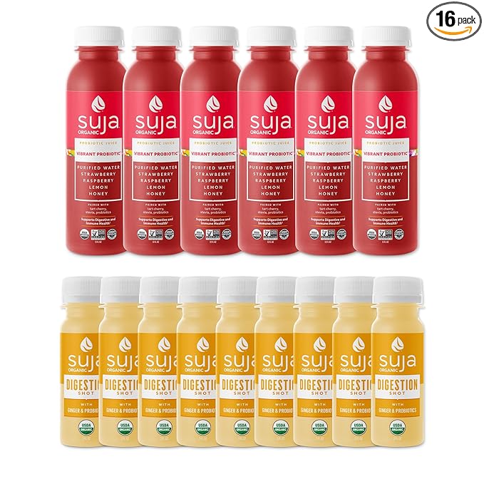 Suja Organic Gut Health Shots and Juice Variety Pack | 10 Digestion Shots and 6 Vibrant Probiotic Juices | Plant-Based &amp Gluten Free (2 fl oz Shots/Pack of 10 12 fl oz Juices/Pack of 6)