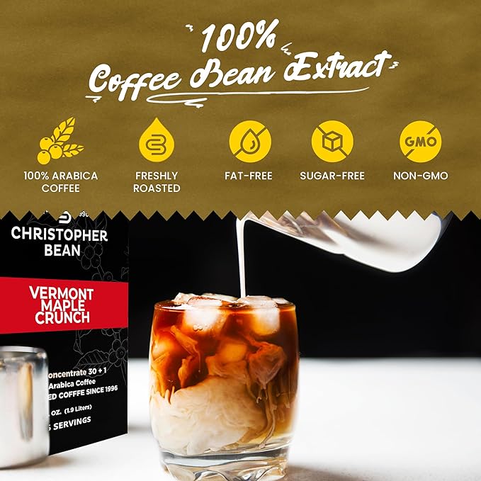 Christopher Bean Coffee - 396 servings 30 to 1 Blend Bag in Box Liquid Instant Coffee or Cold Brew Coffee Concentrate - Hot or Iced Coffee - Vermont Maple