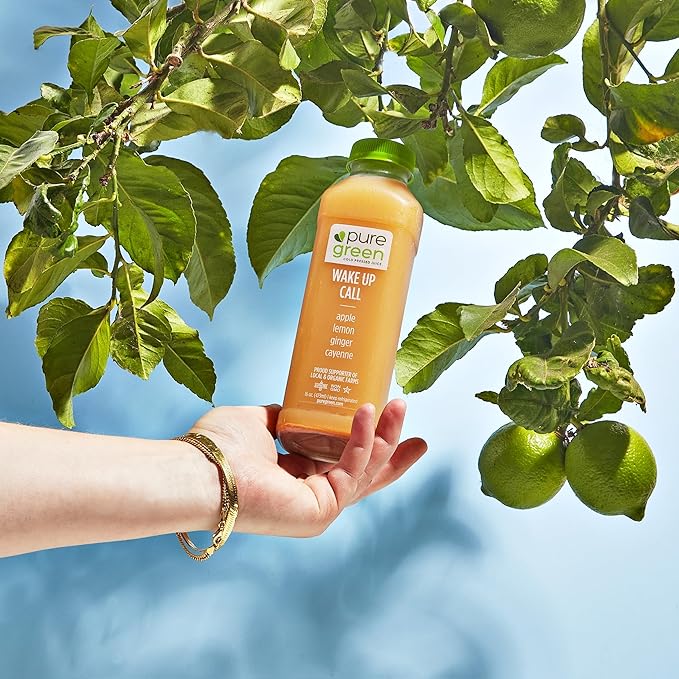 Pure Green Cold Pressed Juice - Wake Up Call - Fresh Functional Blend with Apple Ginger Lemon Cayenne - Natural Gluten Free Non-GMO No Artificial Colors or Flavors - Made from Real Fruits &amp