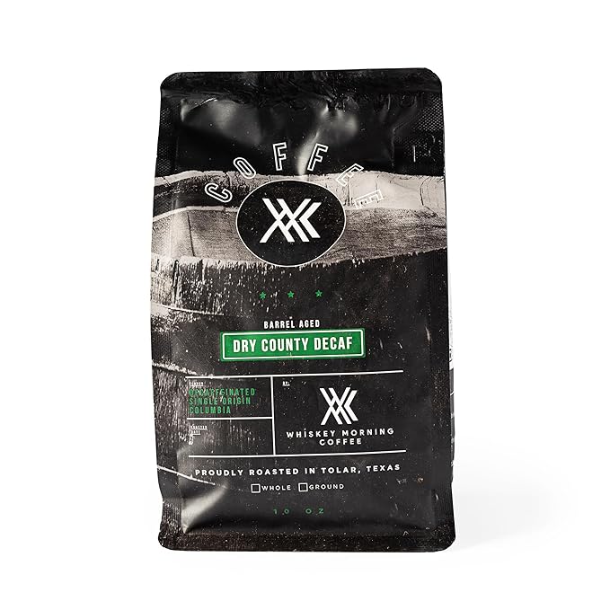 Whiskey Morning Coffee Bourbon Barrel Aged Whiskey Decaf Coffee Whole Bean Medium Roast 100% Arabica Specialty Grade Non-Alcoholic Whiskey Infused Small Batch Texas Roasted 10 oz Bag
