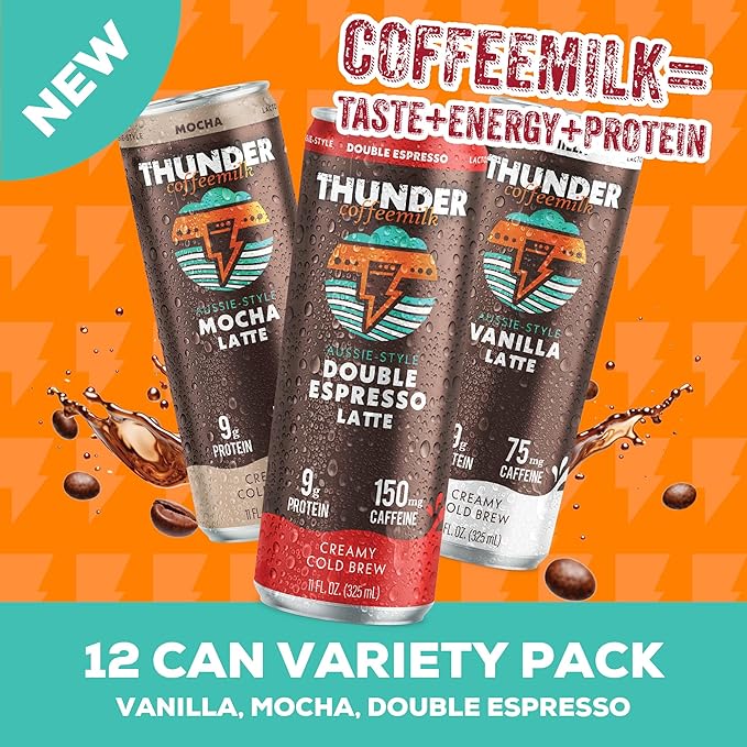 Thunder CoffeeMilk - 11 oz Aussie Style Cold-Brewed Latte Canned Coffee Iced Coffee Cans for Grab &amp Go Natural Protein-Rich 75-150mg Caffeine Energy Drink in Handy Cold Brew Cans 12 Variety Pac