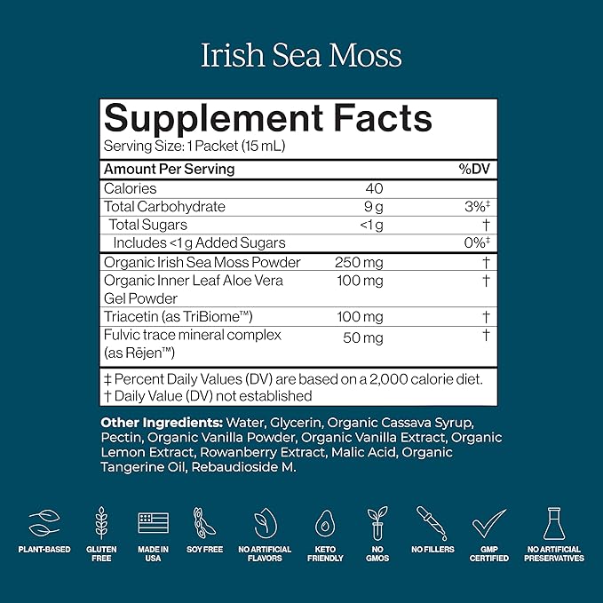 CYMBIOTIKA Irish Sea Moss Supplement Organic Wildcrafted Sea Moss with Aloe Vera Fulvic Minerals Postbiotics Gut Immune Skin Support Liquid Travel Packet 26 Servings (Single Pack)