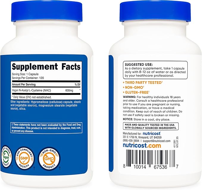 Nutricost N-Acetyl L-Cysteine (NAC) 600mg 120 Vegetarian Capsules - Non-GMO Gluten Free Vegetarian Caps (Pack of 2)
