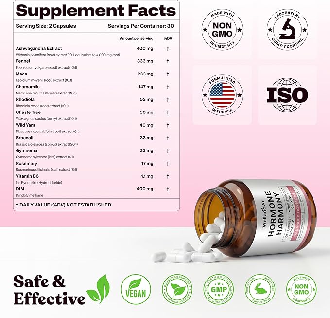 Hormone Harmony for Women – Natural Hormonal Balance Support for Menopause &amp Perimenopause – Hot Flashes Mood Swings Cravings Bloating Relief – 60 Capsules