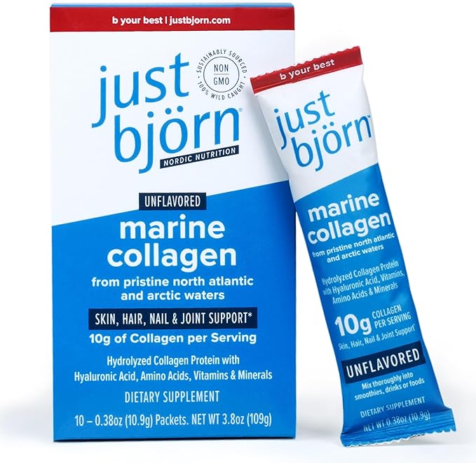 Just Bjorn Marine Collagen Peptides Powder On-The-Go Stick Packs - Collagen Powder for Women &amp Men - Skin Hair Nail &amp Joint Support - Hyaluronic Acid Vitamin C Amino Acids - Unflavored (10