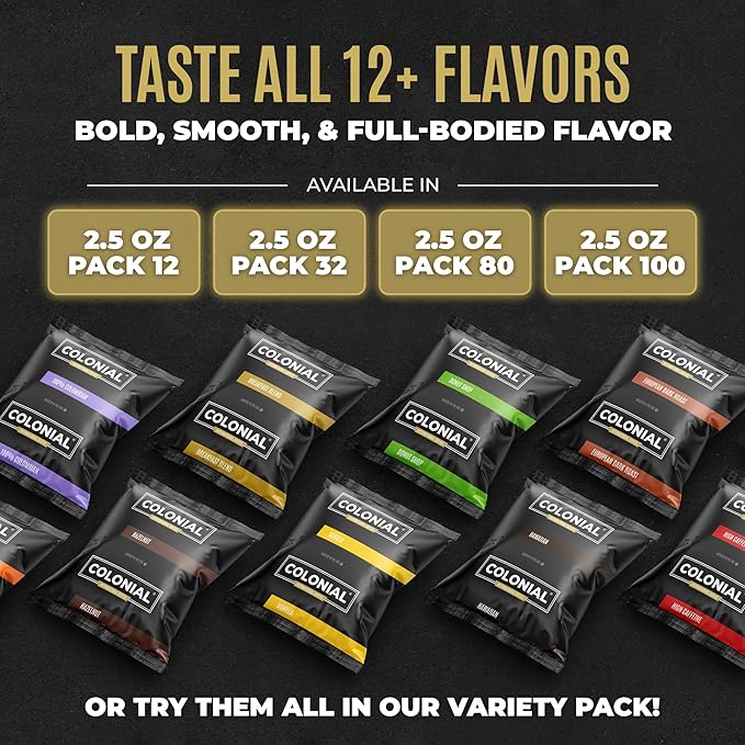 Colonial Coffee 100 Count Single Pot Coffee Packets – 100% Arabica Vanilla Flavored Medium Roast | Pre-Measured Frac Packs for 12 Cup Maker | Bulk Ground Gourmet Coffee for Home &amp Office