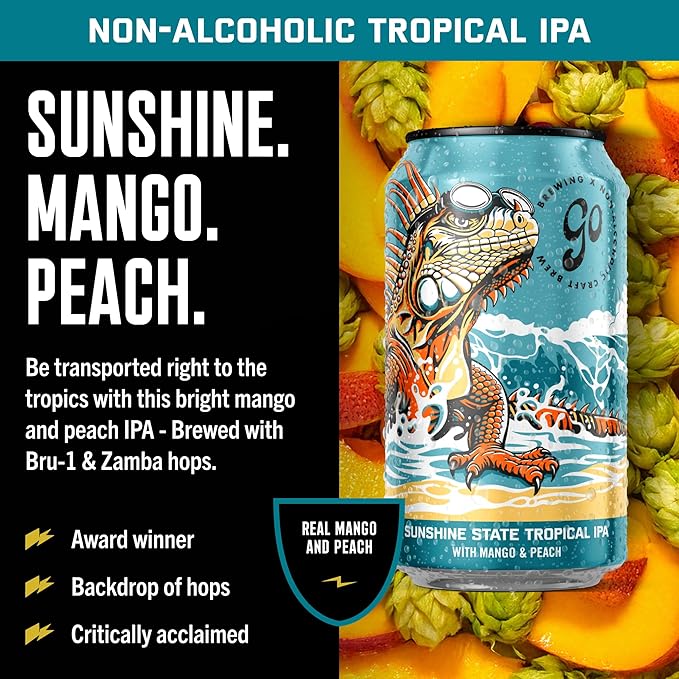 Go Brewing - Sunshine State Tropical IPA - Non-Alcoholic Craft Beer - Small Batch Low-Calorie Brew - Mango and Peach Flavor Profile - Bold and Smooth Finish - Ideal for Any Occasion (12 Oz 12 Cans)