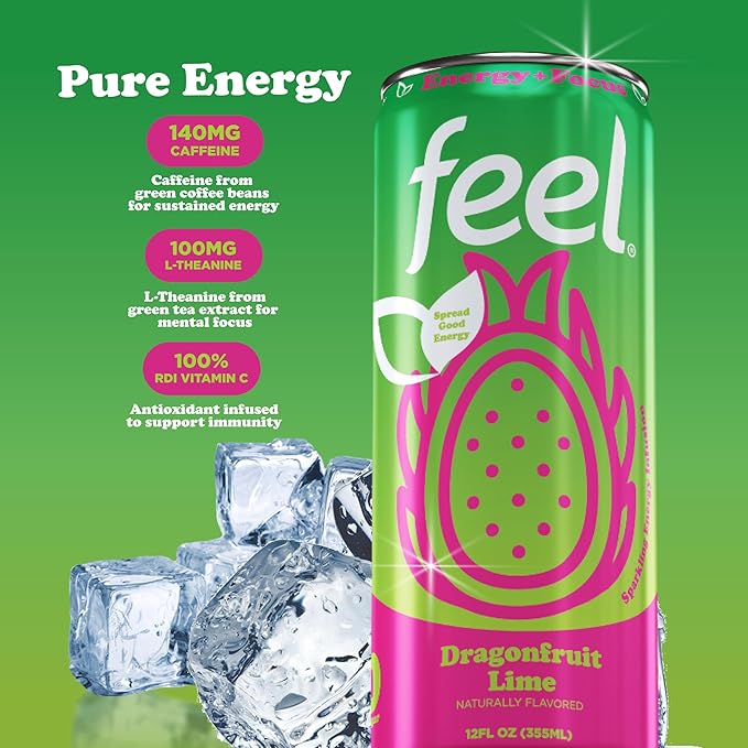 FEEL Zero Sugar Natural Energy Drink – Dragonfruit Lime 140 mg Plant-Based Caffeine with L-Theanine for Focus &amp Vitamin C for Immunity Vegan Non-GMO No Artificial Sweeteners 12 Fl Oz Cans (12