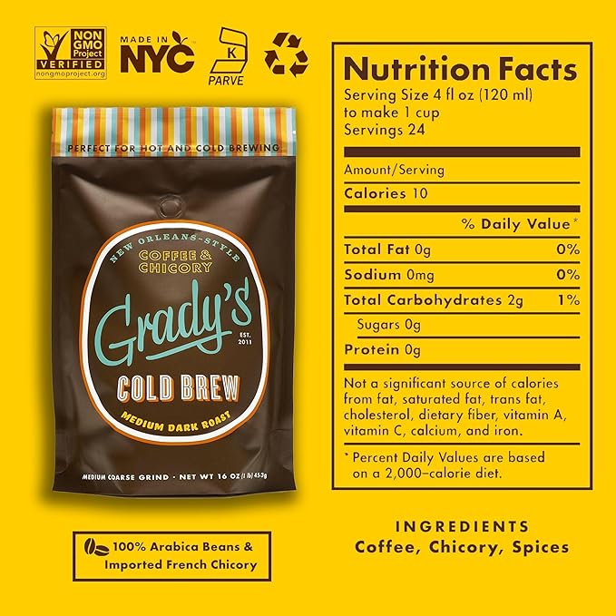 GRADY'S COLD BREW New Orleans Style 100% Arabica Medium Dark Roast Coffee &amp Chicory Ground for Hot Coffee and Cold Brew One pound bag