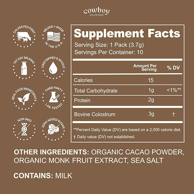 Cowboy - The Exclusive 1st Milking Whole Grass Fed Colostrum Supplement for Full Body Health - Bovine Colostrum Powder Packed w/Bioactive Nutrients (10 Travel Packs - Chocolate)