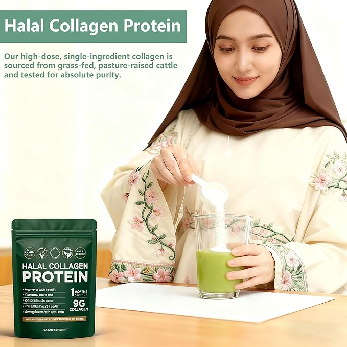 Halal Collagen Protein Powder - Pure Halal Collagen Peptides Grass Fed Organic Hydrolyzed Powder Skin Glows | Joints Support | Gut Support Non GMO Sugar Free Unflavoured 30 Servings