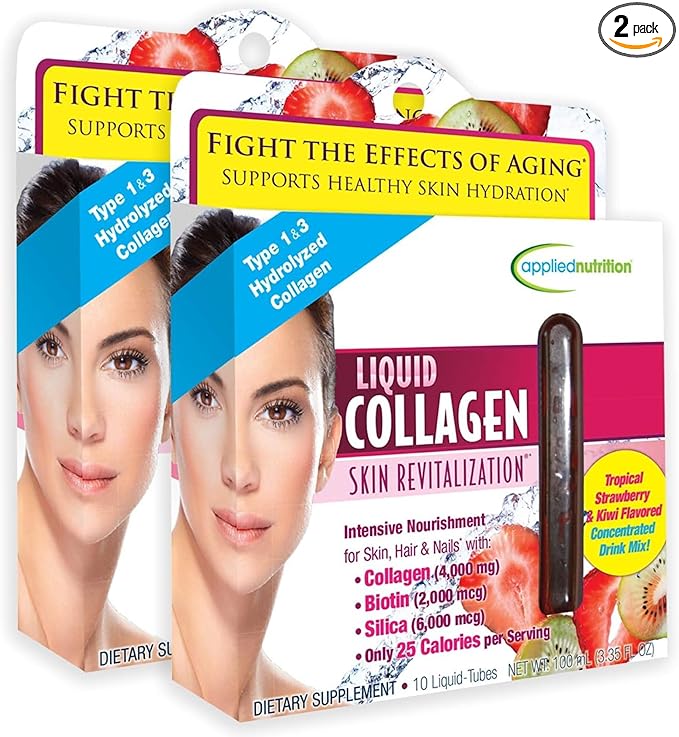 Applied Nutrition Liquid Collagen Skin Revitalization - 10 Liquid Tubes Pack of 2 - Collagen Biotin &amp Silica - Tropical Strawberry &amp Kiwi Flavor - 20 Servings