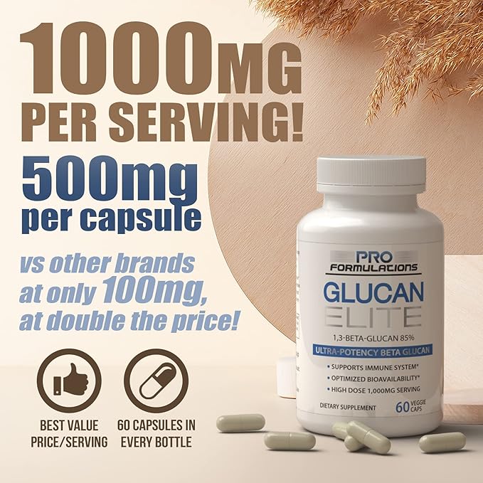 Pro Formulations MD Glucan Elite – 85 Beta 13D Glucan 500mg – 60 vcaps – 85 Minimum Active 13 Linkage Ultra-Potency – Highest Bioavailability with BGF-Immune - 2 Pack