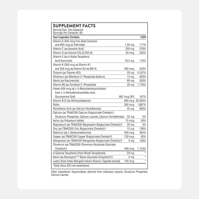 THORNE - Basic Nutrients 2/Day - Comprehensive Daily Multi-Vitamin with Optimal Bioavailability - Vitamin &amp Mineral Formula - Third-Party Certified - Gluten Dairy &amp Soy-Free - 120 Capsules