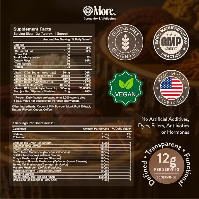 More. Longevity &amp Wellbeing Premium Mushroom Coffee Superfood – 7 Functional Mushrooms Extracts with Lions Mane Supplement Reishi Chaga &amp Ashwagandha Extract Instant Coffee Alternative with