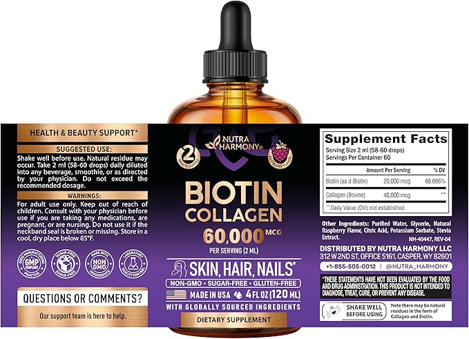 Liquid Biotin &amp Collagen 60000 mcg - Vitamins for Hair Growth Support - Extra Strength Drops for Women &amp Men - Liquid Collagen Supplement - Strong Nails &amp Healthy Skin - Made in USA - 4 F