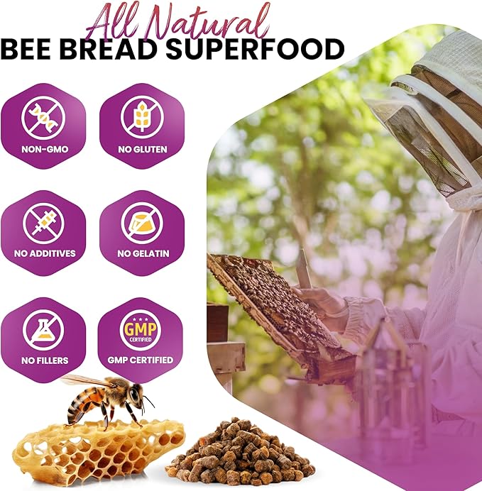 HONEYBEEZONE-Bee Bread Capsules – Nutrient-Rich Superfood for Energy Boost Immune Support Supplement | Non-GMO Gluten-Free 60 Easy-to-Swallow Veggie Capsules