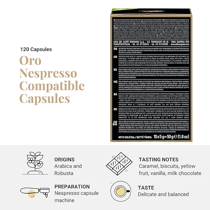 Caffe' Vergnano 1882 120 Count Oro Original Line Machine Compatible Compostable Expresso Capsules Arabica Medium Roast Coffee Pods with notes of Vanilla and Milk Chocolate Intensity 4/10