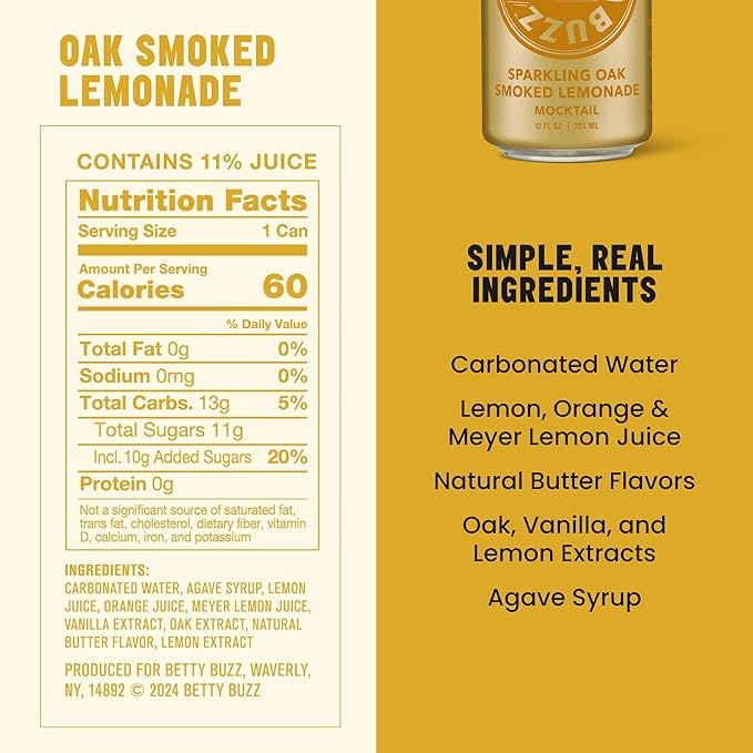 Betty Buzz Oak Smoked Lemonade Sparkling Mocktail by Blake Lively (12 pack Cans) - Natural Flavors &amp Sweeteners Only Clean Ingredients