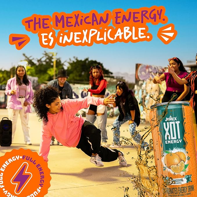 Jumex XOT Energy Drink - Tangerine - Natural Caffeine from Mexican Coffee Beans - Carbonated Preworkout with Vitamin B2 B3 B5 B12 - Mexican Drinks - Bebidas Energéticas - 12 Fl oz 12 Pack Cans