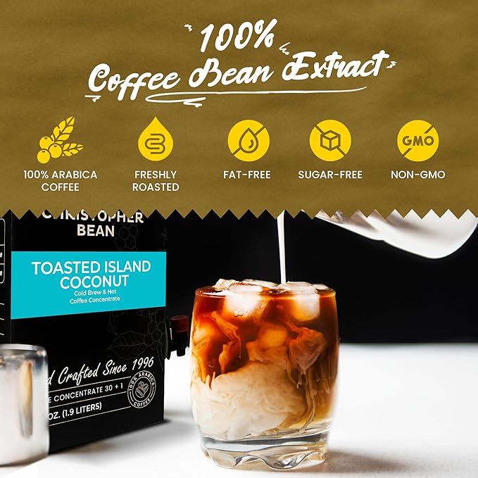 Christopher Bean Coffee - 396 servings 30 to 1 Blend Bag in Box Liquid Instant Coffee or Cold Brew Coffee Concentrate - Hot or Iced Coffee - Toasted Island Coconut