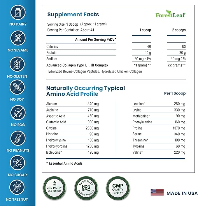 Collagen Peptides Powder Unflavored - Hydrolyzed Collagen Protein Powder Type 1 2 &amp 3 - Grass Fed Keto Collagen Powder for Women &amp Men - Vital Hair Skin Nails Joints Recovery 11g Per Ser