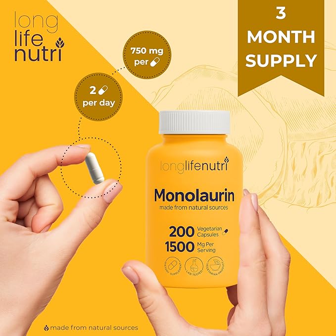 LongLifeNutri Monolaurin 1500mg - Potent Glycerol from Coconut 200 Vegetarian Capsules Organic Supplement for Gut Balance &amp Natural Defense 100-Day Supply GMP Certified Made in USA