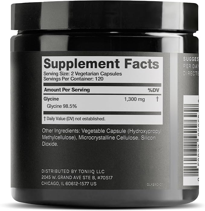 Toniiq 1300mg Glycine Supplements - 4 Month Supply - Min. 98.5%+ Tested Purity - Ultra High Strength and Bioavailable Glycine Powder Supplement - 240 Vegetarian Glycine Capsules - 120 Servings