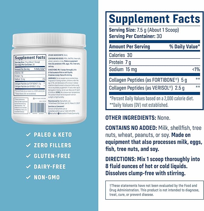 NativePath Bone Health Collagen Peptides Type 1 &amp 3 with Fortibone and Verisol 7.9 Ounce 30 Servings (Pack of 2)
