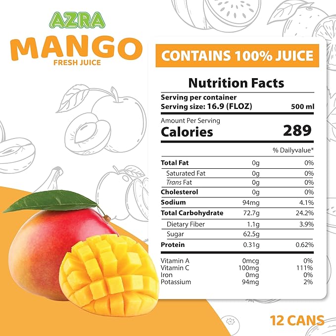 AZRA 100% Mango Juice – Fresh Fruit Juice in 500ml Cans – Zero Sugar Drinks Healthy Beverages Variety Pack for Kids and Adults – Bulk 100% Juice Pack 12 Count