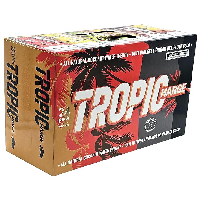 Tropicharge 100% Coconut Water Energy Drink with Guarana Extract (24 pack 330ml/6 flavours) - Zero Sweeteners or Added Sugar - All Natural - Passion Fruit Forest Apple Red Cherry Lemon Peach Wate