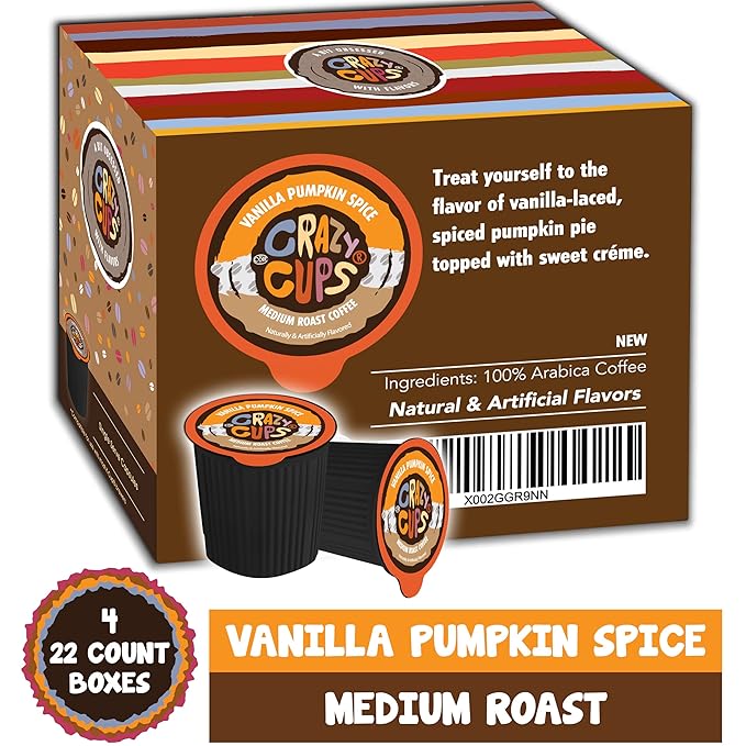 Crazy Cups Flavored Coffee Pods Vanilla Pumpkin Spice Single Serve for Keurig K Cups Machines Hot or Iced Medium Roast In Recyclable Pods (88 Count Pack of 4)