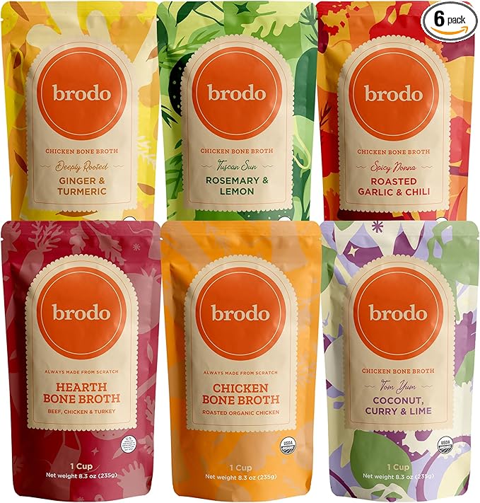 Brodo Broth Collagen Variety Pack Ginger &amp Turmeric Rosemary &amp Lemon Coconut Curry &amp lime Chicken Broth Hearth Broth Roasted Garlic and Chili No Preservatives Collagen 8 oz (Pack of