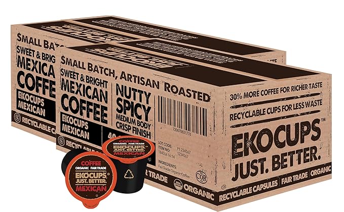 EKOCUPS Organic Mexican Roast Coffee Pods Extra 30% More Coffee Per Cup Artisan Fair Trade Dark Roast 80 Recyclable Pods for Keurig K Cup Machines