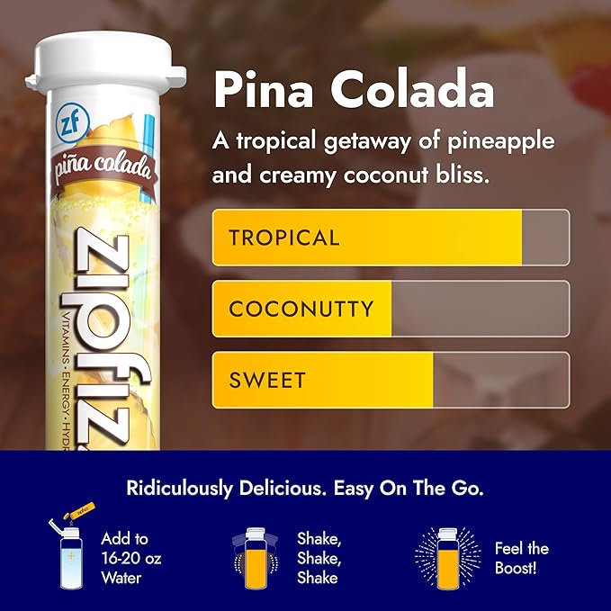 Zipfizz Daily Energy Drink Powder Pina Colada 20 Pack | 3-in-1 Sustained Energy Rapid Hydration and Essential Vitamins | Sugar-Free | Electrolyte Powder | Contains Vitamin B-12 &amp Antioxidants