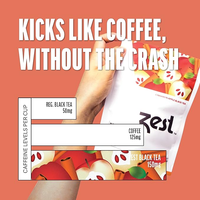 Zest Energy Tea - Cinnamon Apple Spice High Caffeine Black Tea Loose Leaf Blend - Caffeinated Coffee Altnernative/Substitute - Natural Non-GMO &amp Keto Friendly - Hot or Iced - 50 Servings - 150mg