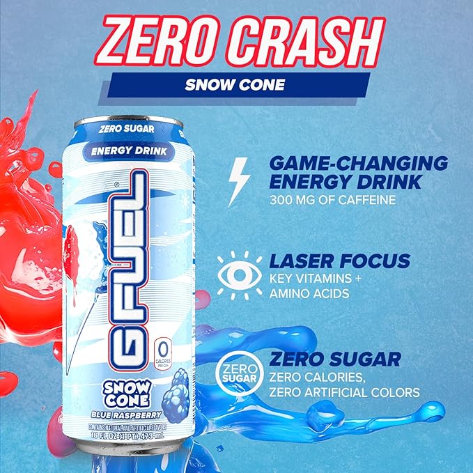 G Fuel Energy Drink Snow Cone Sugar Free Beverage with 300mg Caffeine Daily Energy Boost with Focus Amino Vitamin + Antioxidants 16 oz Cans (Snow Cone 12-Pack)