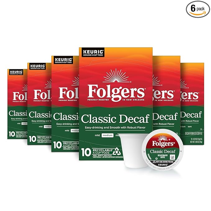 Folgers Classic Decaf Coffee Keurig K-Cup pods Medium Roast 10 Count Box (Pack of 6)