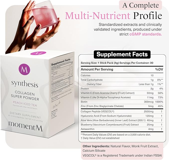 momentM Synthesis Plant Based Collagen for Women &amp Men - Peptides Powder for Hair Skin Nails and Joints - Vegan Hydrolyzed Collagen Peptides Powder with VEGCOL® - Peach Iced Tea (30 Stick Packs)