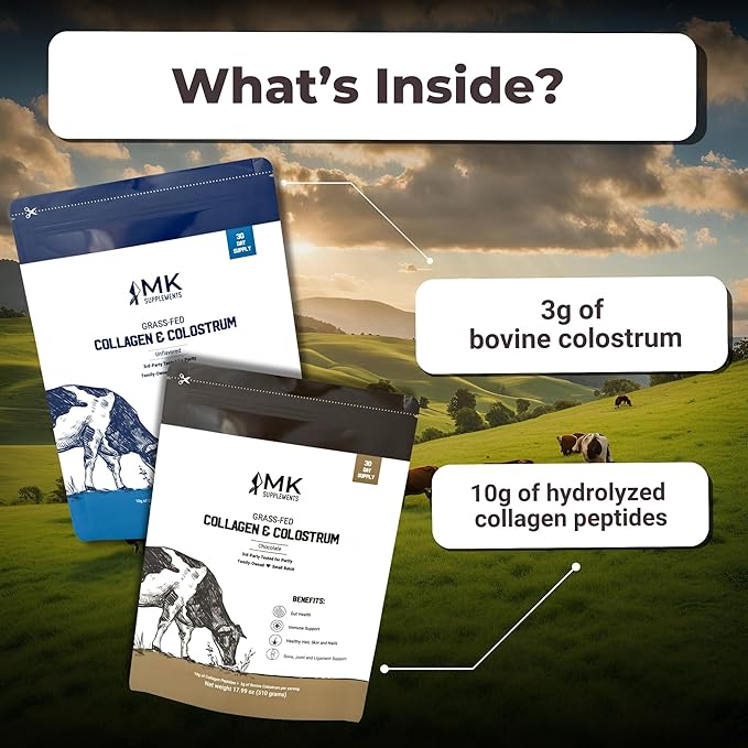 MK Supplements Collagen &amp Colostrum – Grass-Fed Bovine Collagen &amp Bovine Colostrum Powder – Skin Gut Joint &amp Immune Support – Keto Paleo Carnivore Friendly – No Additives