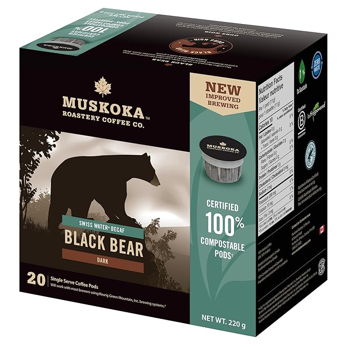 Muskoka Roastery Coffee Black Bear Decaf Dark Roast 20 Single Serve Coffee Pods Compatible with K-Cup Keurig Brewers