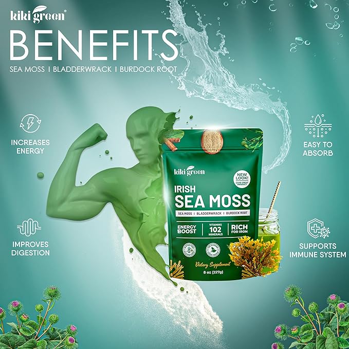 KIKI Green Irish Sea Moss Powder 8 Oz - with Bladderwrack Burdock Root Extract for Immune Support - Keto Vegan Supplement