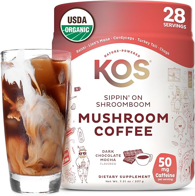 KOS Mushroom Coffee - USDA Certified Organic - Dark Chocolate Mocha Flavor - Mushroom Coffee Latte Powder with Reishi Cordyceps Lion's Mane Chaga &amp Turkey Tail Mushrooms